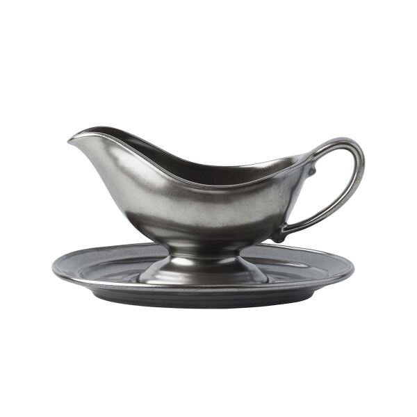 Pewter Stoneware Sauce Boat and Stand