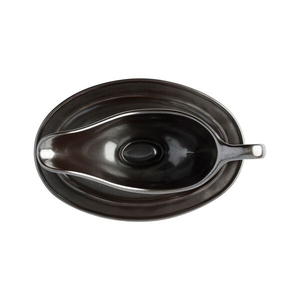 Pewter Stoneware Sauce Boat and Stand