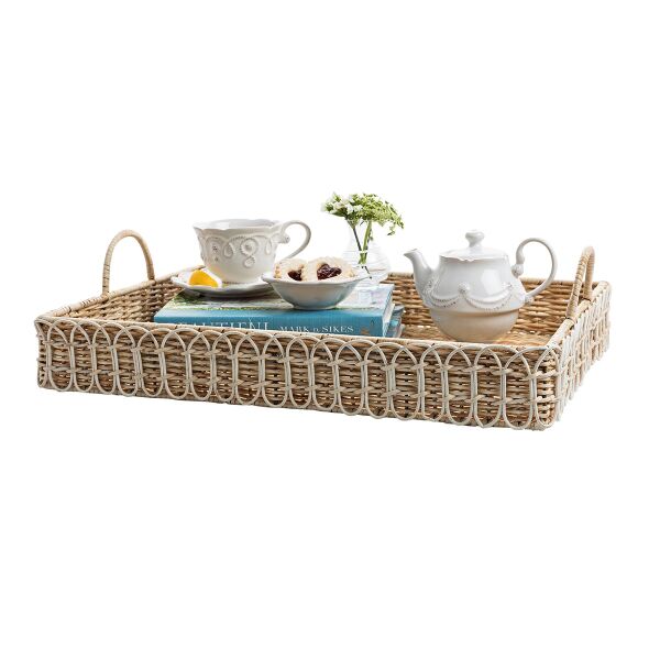 Provence Rattan Dikdörtgen Tepsi Beyaz Eskitme
