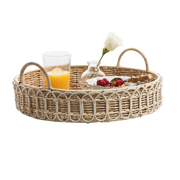 Provence Rattan Yuvarlak Tepsi Beyaz Eskitme
