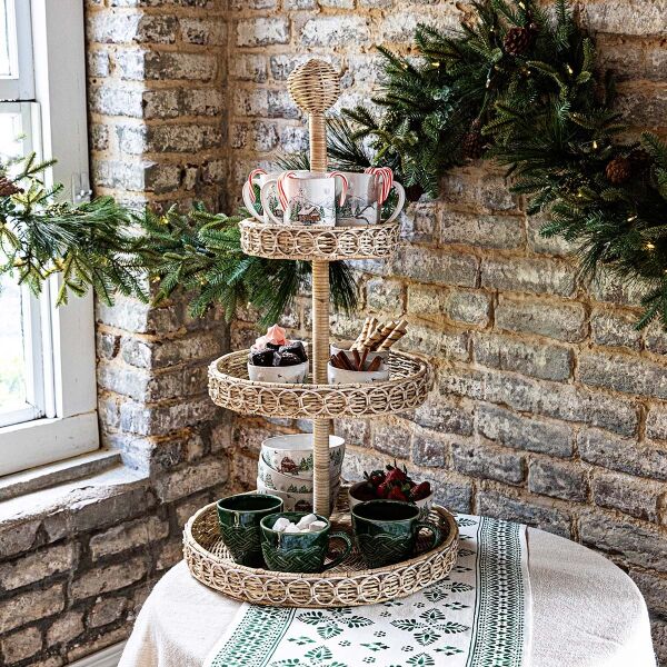 Provence Rattan Üç Katlı Raf Ünitesi Beyaz Eskitme